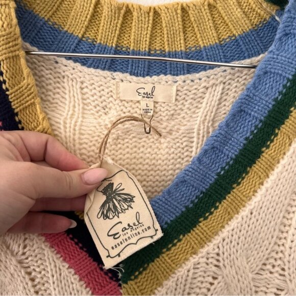 Easel Boutique Colorful V-Neck Cable Knit Sweater Vest Sz L NWT - Picture 3 of 4